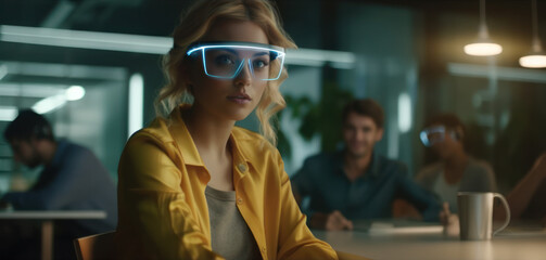 Young woman uses augmented reality at her workspace. AI Generative.