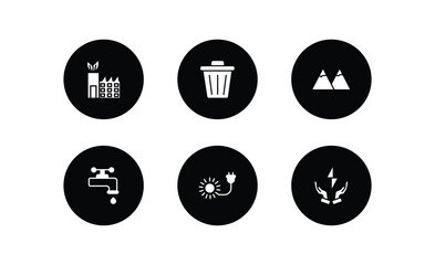 ecology filled icons set. ecology filled icons pack included eco factory, dust bin, snowy mountains, water tap, solar plug, green energy source vector.
