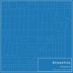 Blueprint US city map of Evanston, Illinois.