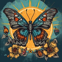 A beautiful butterfly tattoo with sun rays and lovely flowers in light bronze and cyan color. Generative AI