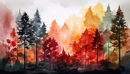 Fall landscape with orange misty forest trees. Generative AI