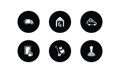delivery and logistic filled icons set. delivery and logistic filled icons pack included delivery truck, warehouse, tings, on door package on trolley, stamp vector.