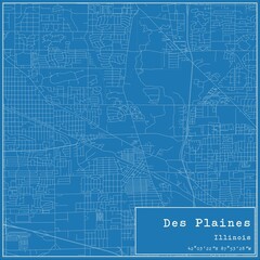 Blueprint US city map of Des Plaines, Illinois.