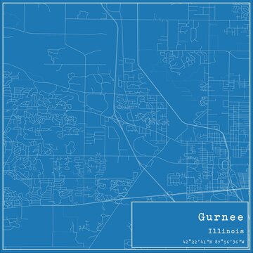 Blueprint US city map of Gurnee, Illinois.