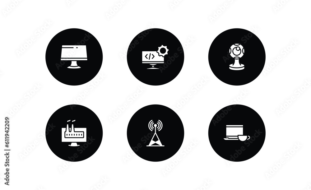 Poster computer filled icons set. computer filled icons pack included computers, develope, round webcam, in