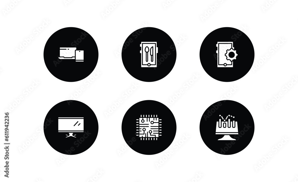Poster computer filled icons set. computer filled icons pack included device, restaurant app, tablet data t