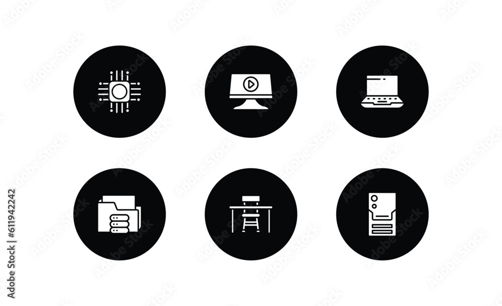 Poster computer filled icons set. computer filled icons pack included computer chip, video, widescreen lapt