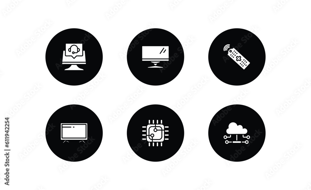 Poster computer filled icons set. computer filled icons pack included online support, computer monitor, tv 