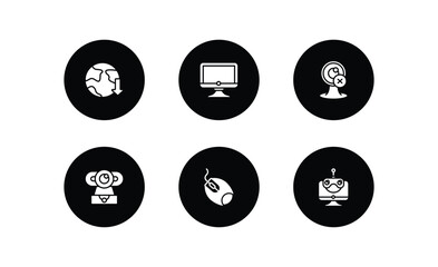 computer filled icons set. computer filled icons pack included download from the net, full computer, webcam disconnected, webcamera, mouse device, robotic vector.