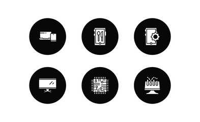 computer filled icons set. computer filled icons pack included device, restaurant app, tablet data tings, tv screen, chips, data analyser vector.