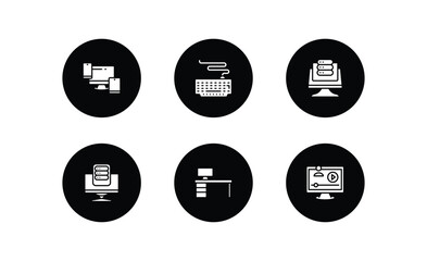 computer filled icons set. computer filled icons pack included responsive de, keyboard with cable, data page, pc storage, boss office, video lecture vector.