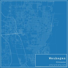 Blueprint US city map of Waukegan, Illinois.