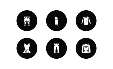 clothes filled icons set. clothes filled icons pack included boyfriend low jean, one shoulder dress, collarless cotton shirt, peplum top, slim fit pants, oxford wave blazer vector.