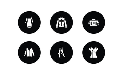 clothes filled icons set. clothes filled icons pack included long sleeveless dress, denim jacket, messenger bag, cotton cardigan, women socks, chiffon suffle blouse vector.