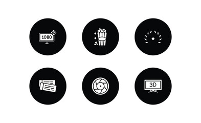 cinema filled icons set. cinema filled icons pack included 1080p hd tv, popcorn box, film award, tickets, camera lens, 3d television vector.