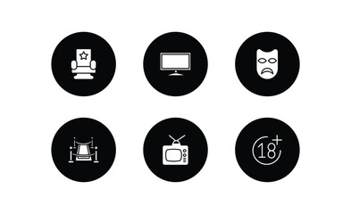 cinema filled icons set. cinema filled icons pack included cinema chair, flat tv, sad mask, red carpet, television with antenna, plus 18 movie vector.