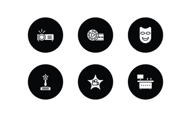 cinema filled icons set. cinema filled icons pack included image projector, film reel playing, smile mask, trophy with a star, cinema celebrity, snack bar vector.