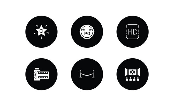 cinema filled icons set. cinema filled icons pack included famous cinema star, parental guidance, hd, camera roll, borders, audience vector.