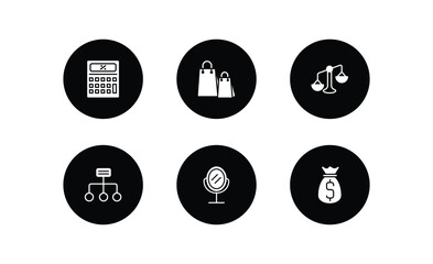 business filled icons set. business filled icons pack included tax calculate, shopping bags, punishment, structure, hair salon, money sack vector.