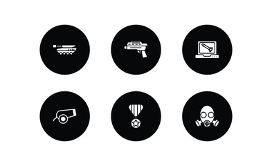 army and war filled icons set. army and war filled icons pack included tank, grenade launcher, computer, canon, militaty medal, gas mask vector.