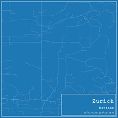 Blueprint US city map of Zurich, Montana.