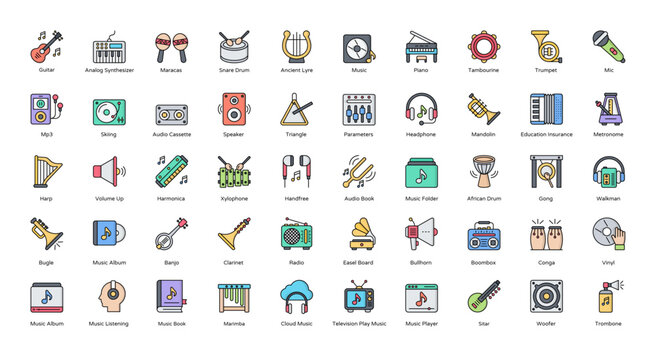 Instruments Line Color  Icons Music Instrument Icon Set in Filled Outline Style 50 Vector Icons
