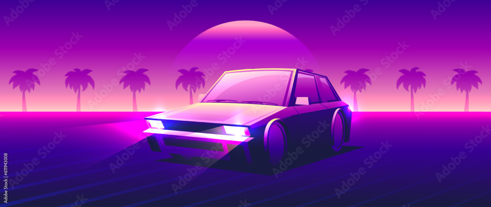 Wall mural Beautiful neon car on sunset background. Evening landscape of isolated car. Retro horizontal illustration in vintage style. - Wall murals