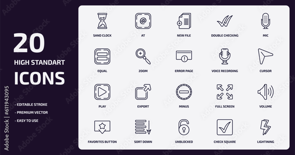 Aufkleber user interface outline icons set. user interface thin line icons pack such as sand clock, double che