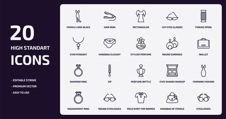 woman clothing outline icons set. woman clothing thin line icons pack such as female long black dress, cat eyes glasses, handbag elegant, diamond ring, round eyeglasses, polo shirt for women,