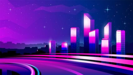 Vector gradient neon highway illustration on a metropolis background.