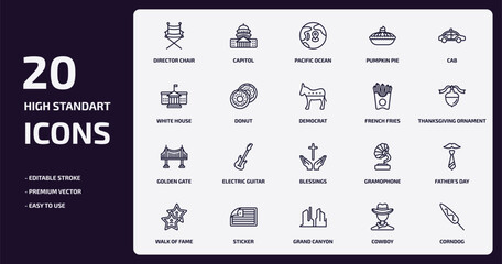 united states of america outline icons set. united states of america thin line icons pack such as director chair, pumpkin pie, donut, golden gate, sticker, grand canyon, cowboy, corndog vector.