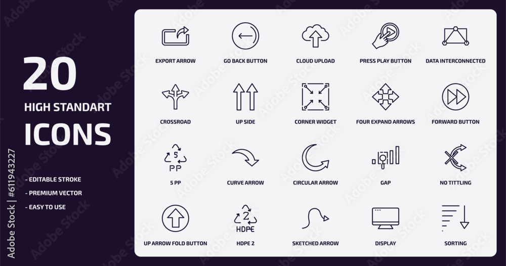 Aufkleber user interface outline icons set. user interface thin line icons pack such as export arrow, press pl