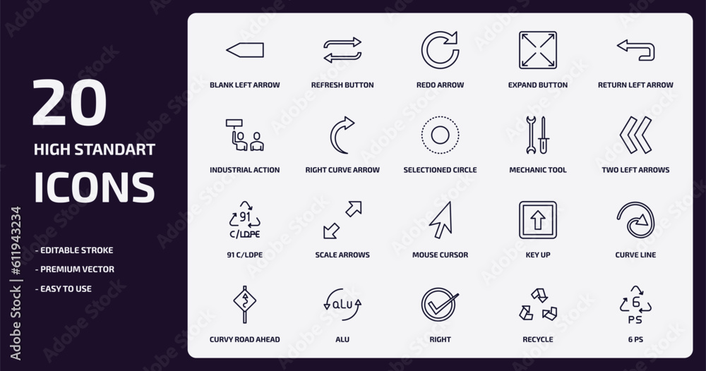 Poster user interface outline icons set. user interface thin line icons pack such as blank left arrow, expa