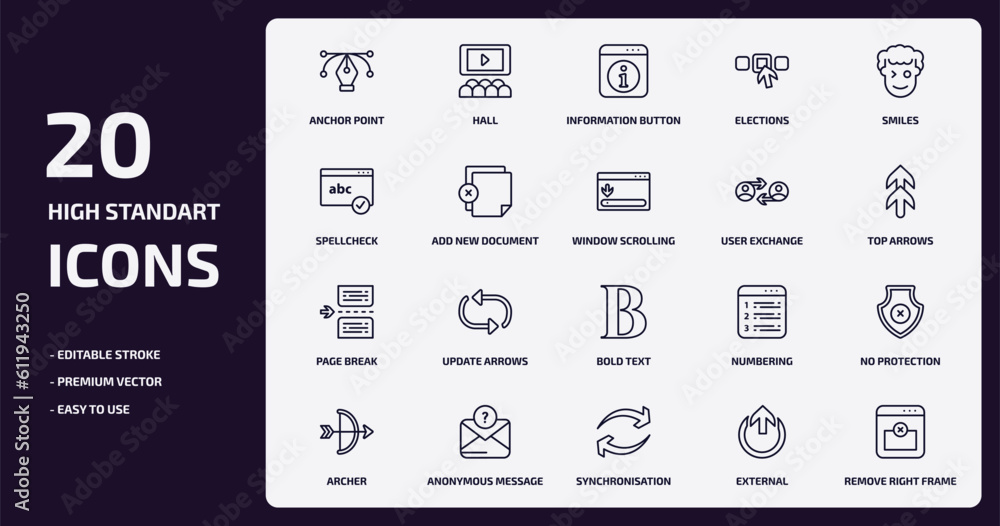 Poster user interface outline icons set. user interface thin line icons pack such as anchor point, election