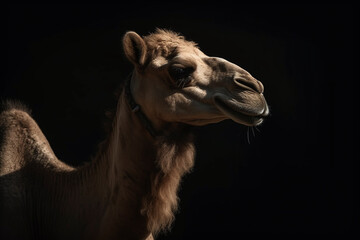 Obraz premium Portrait of a camel face shot, close-up, isolated on black background. generative AI