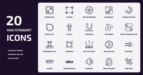 user interface outline icons set. user interface thin line icons pack such as expand tool, disconnect, slim up, conference hall, strikethrough, sound on, open envelope, crop tool vector.