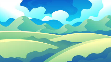 Fototapeta na wymiar Cartoon illustration of green meadows on mountain range vegetated background.