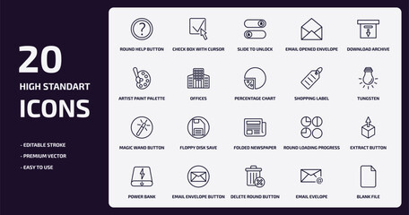 user interface outline icons set. user interface thin line icons pack such as round help button, email opened envelope, offices, magic wand button, email envelope button, delete round email evelope,