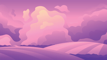 Abstract landscape with farm fields on sunset sky background in pink palette.