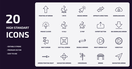 user interface outline icons set. user interface thin line icons pack such as pointing up arrow, opposite directions, 41 alu, wait cursor, navigation arrows, crossroads, bridge, navigation arrow
