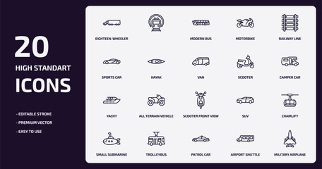 transportation outline icons set. transportation thin line icons pack such as eighteen-wheeler, motorbike, kayak, yacht, trolleybus, patrol car, airport shuttle, military airplane vector.