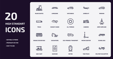 transportation outline icons set. transportation thin line icons pack such as inline skates, jumbo jet, dugout canoe, double decker bus, gear box, metro, tow truck, military helicopter vector.