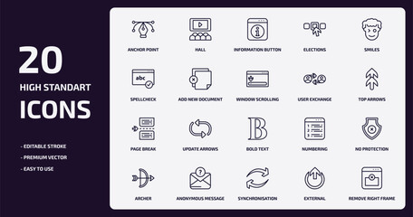 user interface outline icons set. user interface thin line icons pack such as anchor point, elections, add new document, page break, anonymous message, synchronisation, external, remove right frame