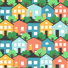 Colorful flat cute houses summer illustration. Seamless pattern residential buildings with streets.