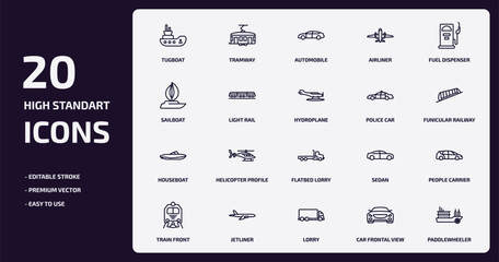 transportation outline icons set. transportation thin line icons pack such as tugboat, airliner, light rail, houseboat, jetliner, lorry, car frontal view, paddlewheeler vector.