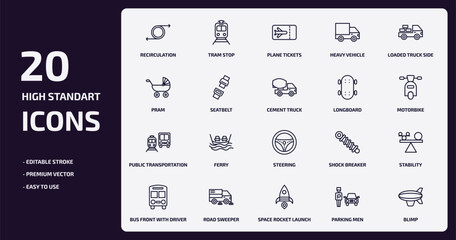 transport outline icons set. transport thin line icons pack such as recirculation, heavy vehicle, seatbelt, public transportation, road sweeper, space rocket launch, parking men, blimp vector.