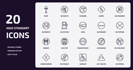 traffic signs outline icons set. traffic signs thin line icons pack such as bump, curves, gas station, barrier, no straight, handicap, left hair pin, no pooping vector.