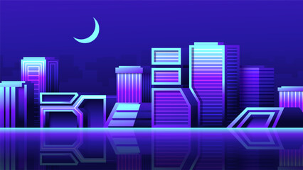 Fototapeta premium Modern futuristic landscape of the future night city. Horizontal neon cityscape.