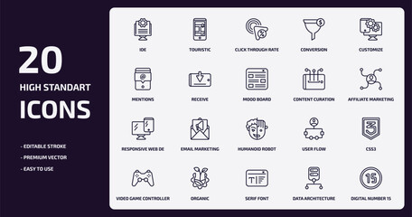 Fototapeta na wymiar technology outline icons set. technology thin line icons pack such as ide, conversion, receive, responsive web de, organic, serif font, data architecture, digital number 15 vector.