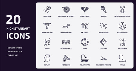 sports outline icons set. sports thin line icons pack such as home run, squash, man sprinting, aikido, motocross, roller skate, man doing pushups, ankle vector.